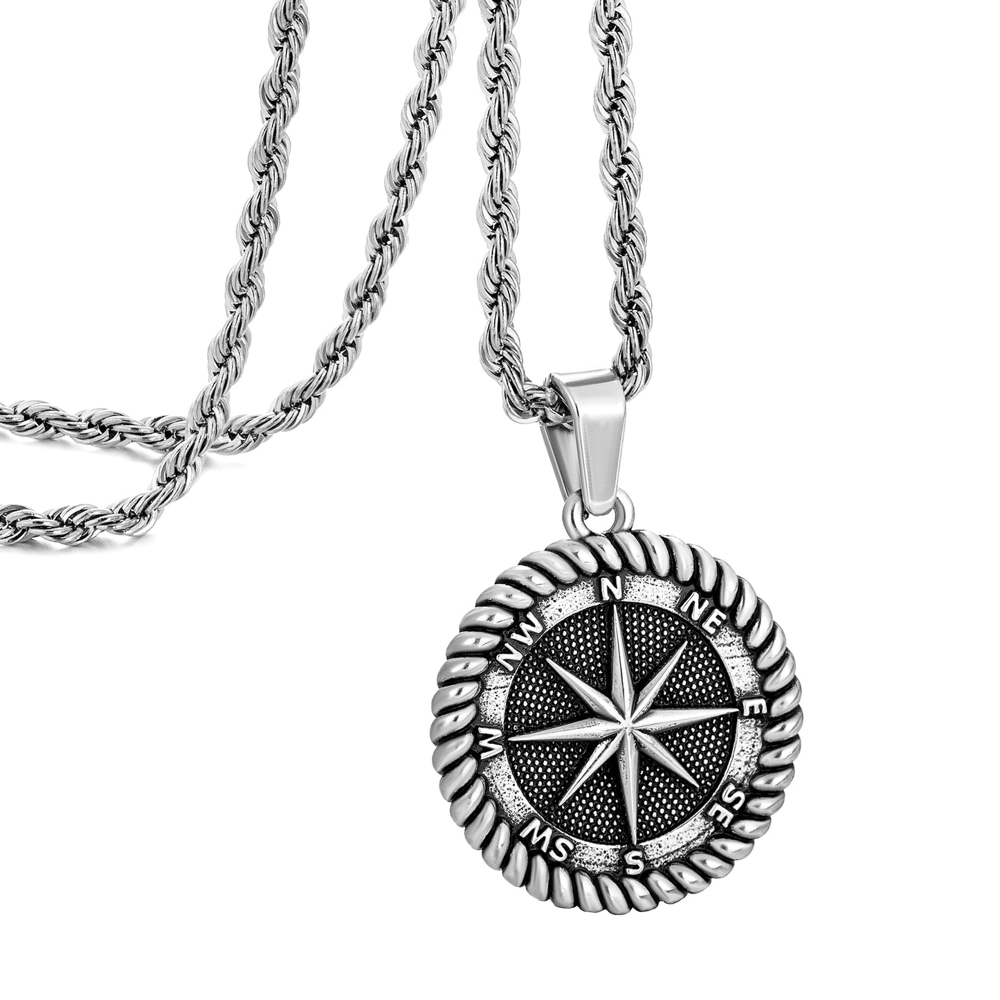 Antique Silver Compass Pendant Necklace Twisted Rope Chain N00593