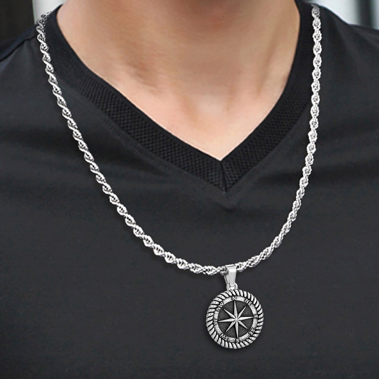 Antique Silver Compass Pendant Necklace Twisted Rope Chain N00593