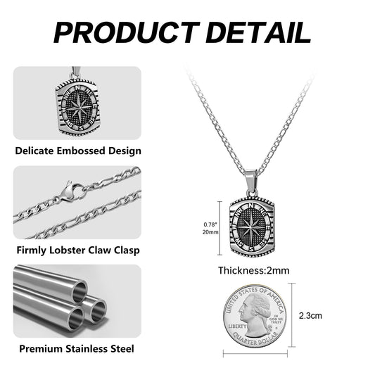 Antique Silver Rectangle Compass Pendant Necklace Figaro Chain N01304