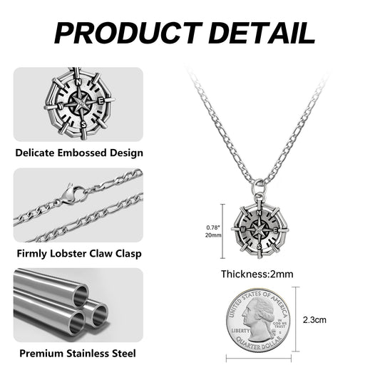 Antique Silver Compass Pendant Necklace Figaro Chain N01883