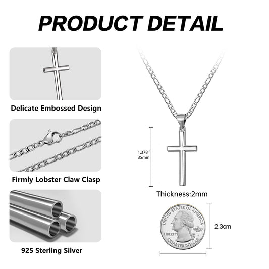 925 Sterling Silver Cross Necklace Figaro Chain N01824
