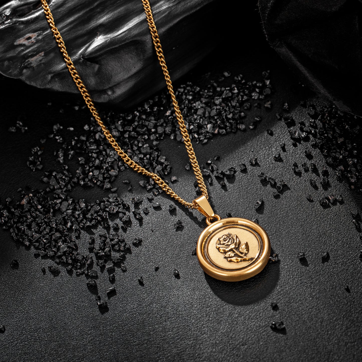 Antique Gold Rose Pendant Necklace Curb Chain N01555