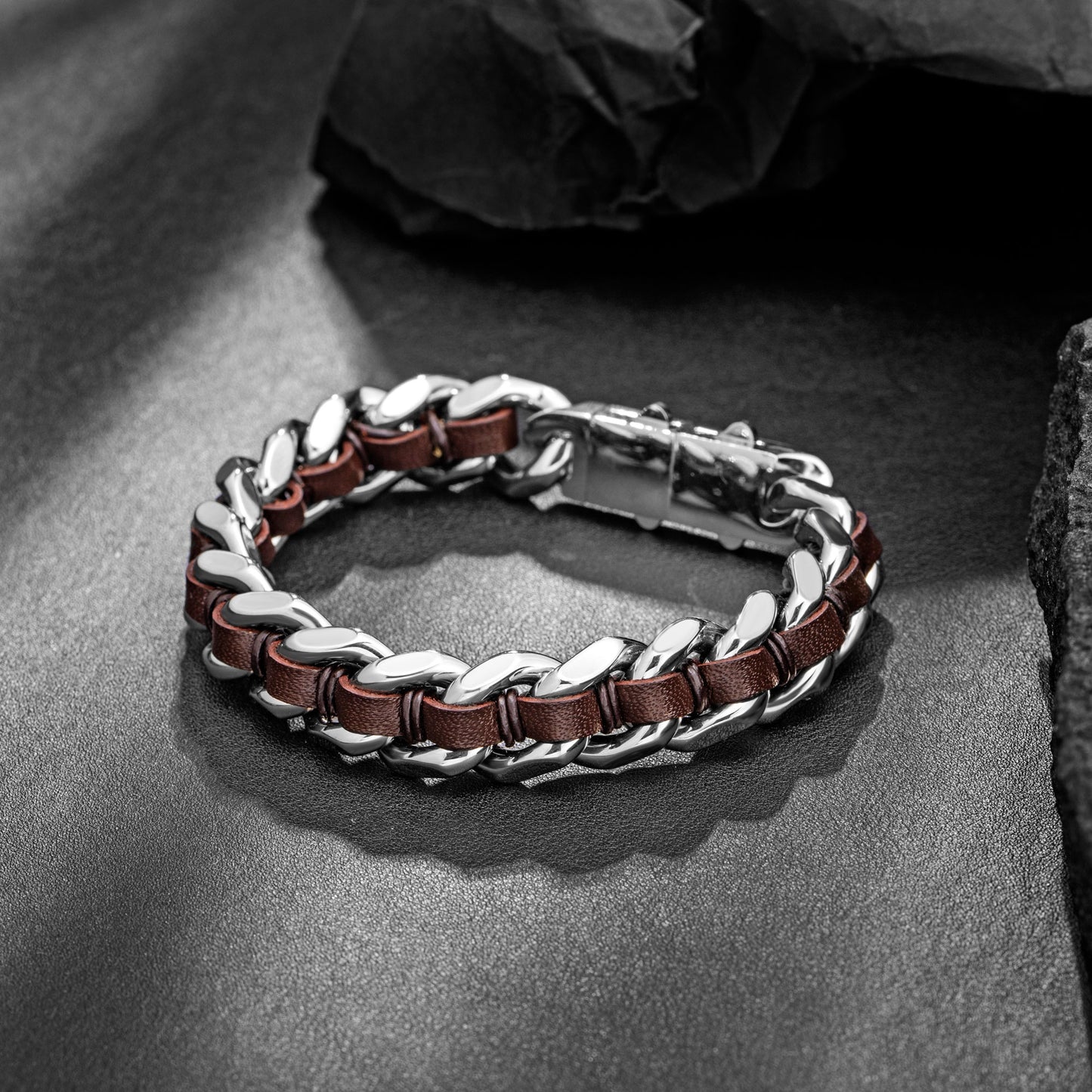 Cuban Link Bracelet For Men with Leather B00819