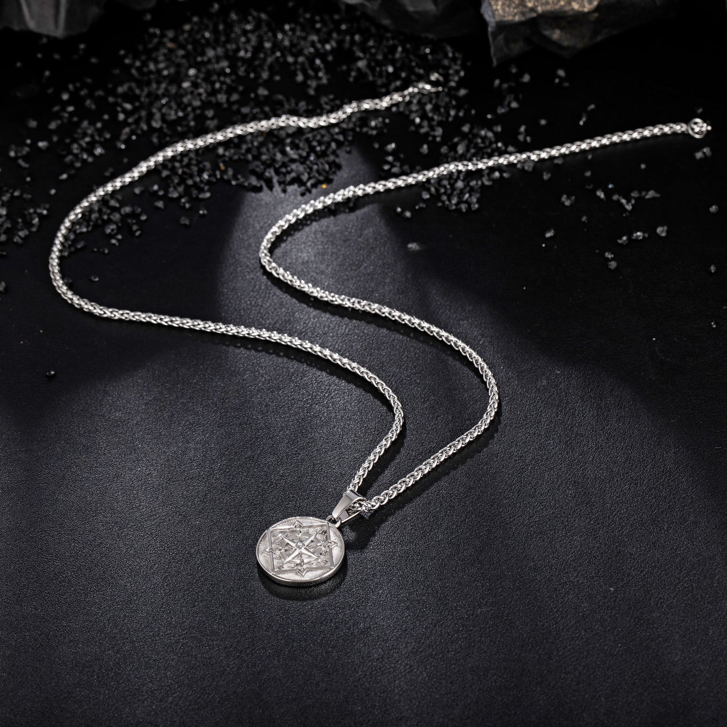 Silver Compass Coin Pendant Necklace Wheat Chain N00379