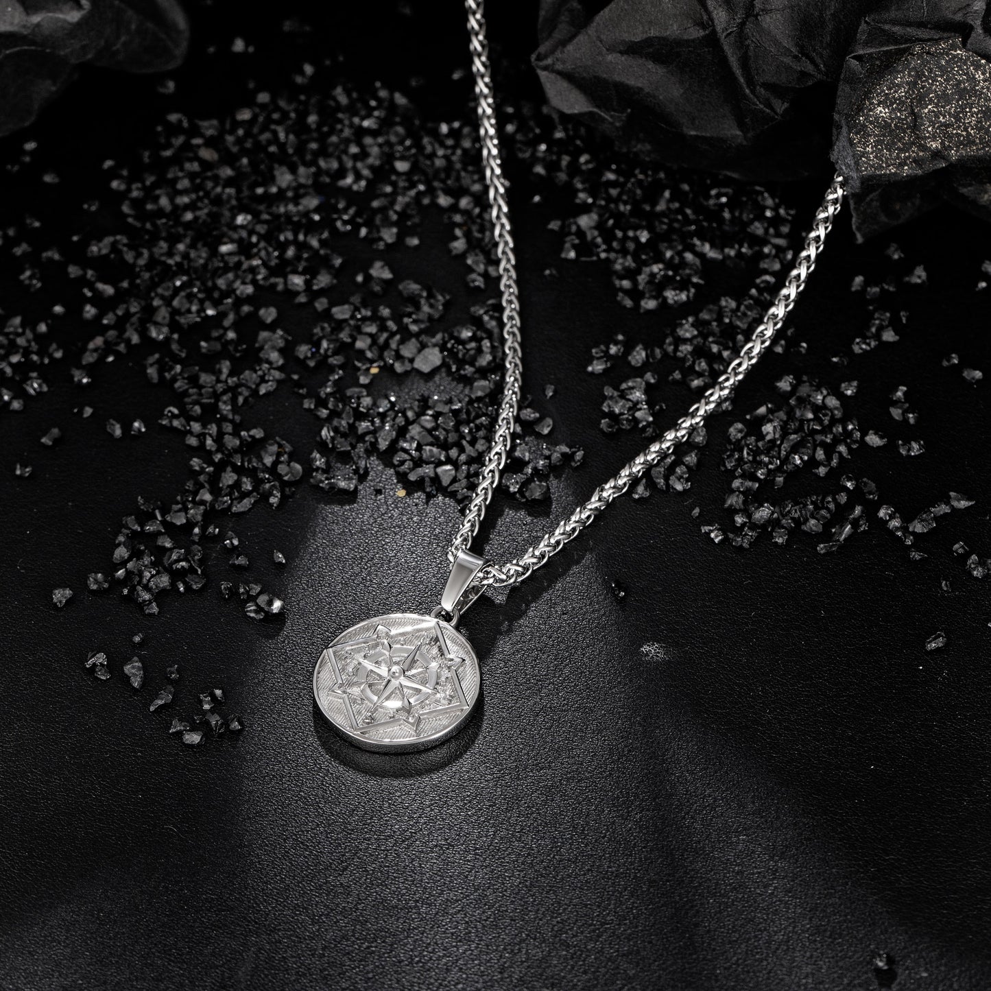 Silver Compass Coin Pendant Necklace Wheat Chain N00379