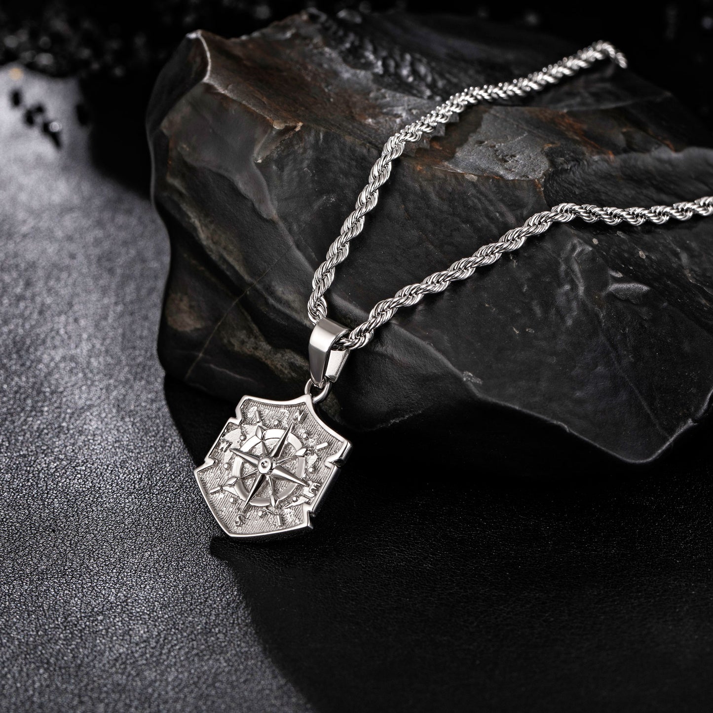 Silver Shield Compass Pendant Necklace Twisted Rope Chain N00394