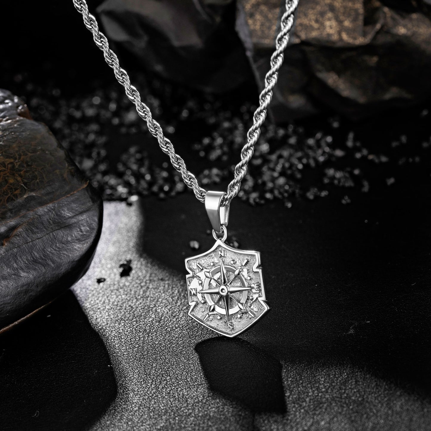 Silver Shield Compass Pendant Necklace Twisted Rope Chain N00394