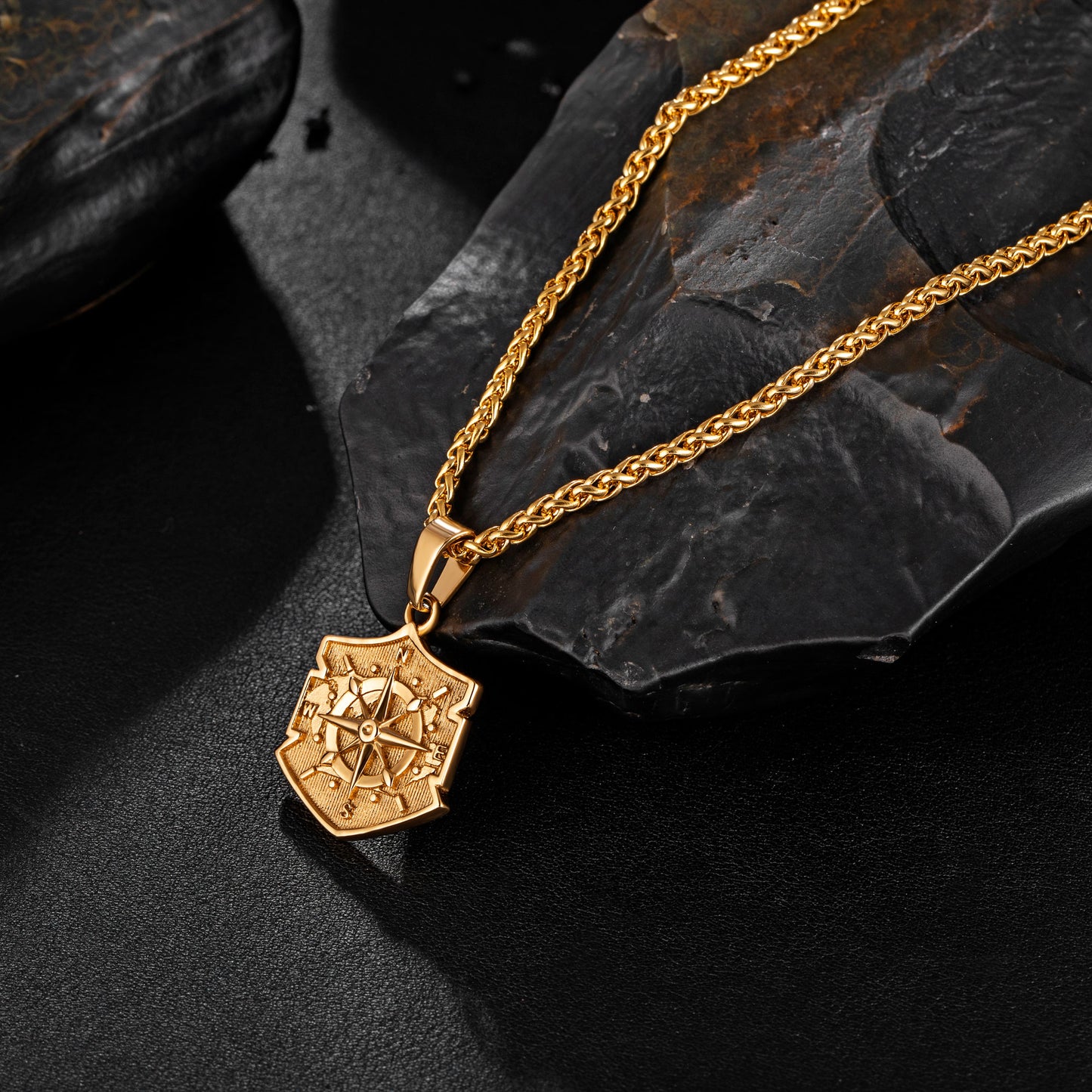 Gold Shield Compass Pendant Necklace Wheat Chain N00399