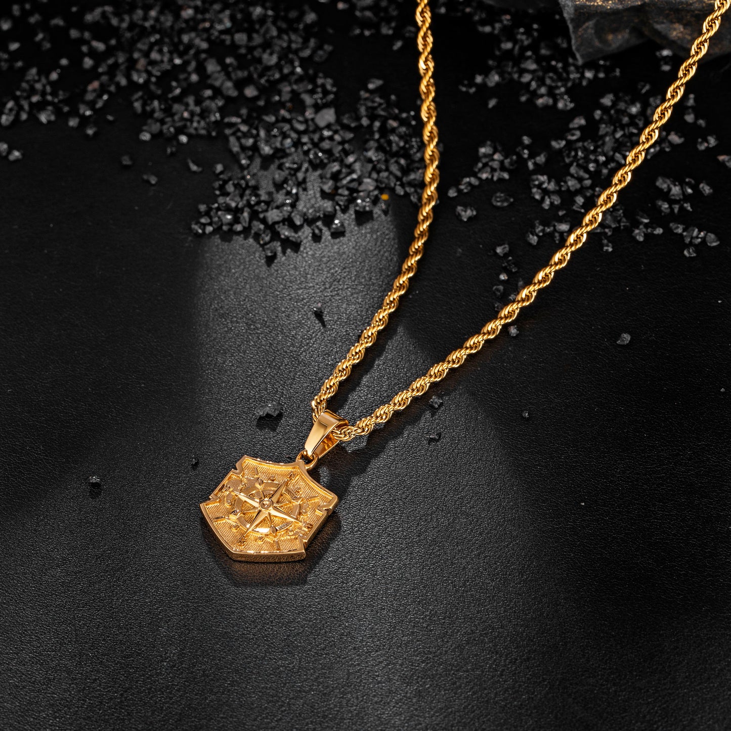 Gold Shield Compass Pendant Necklace Twisted Rope Chain N00398