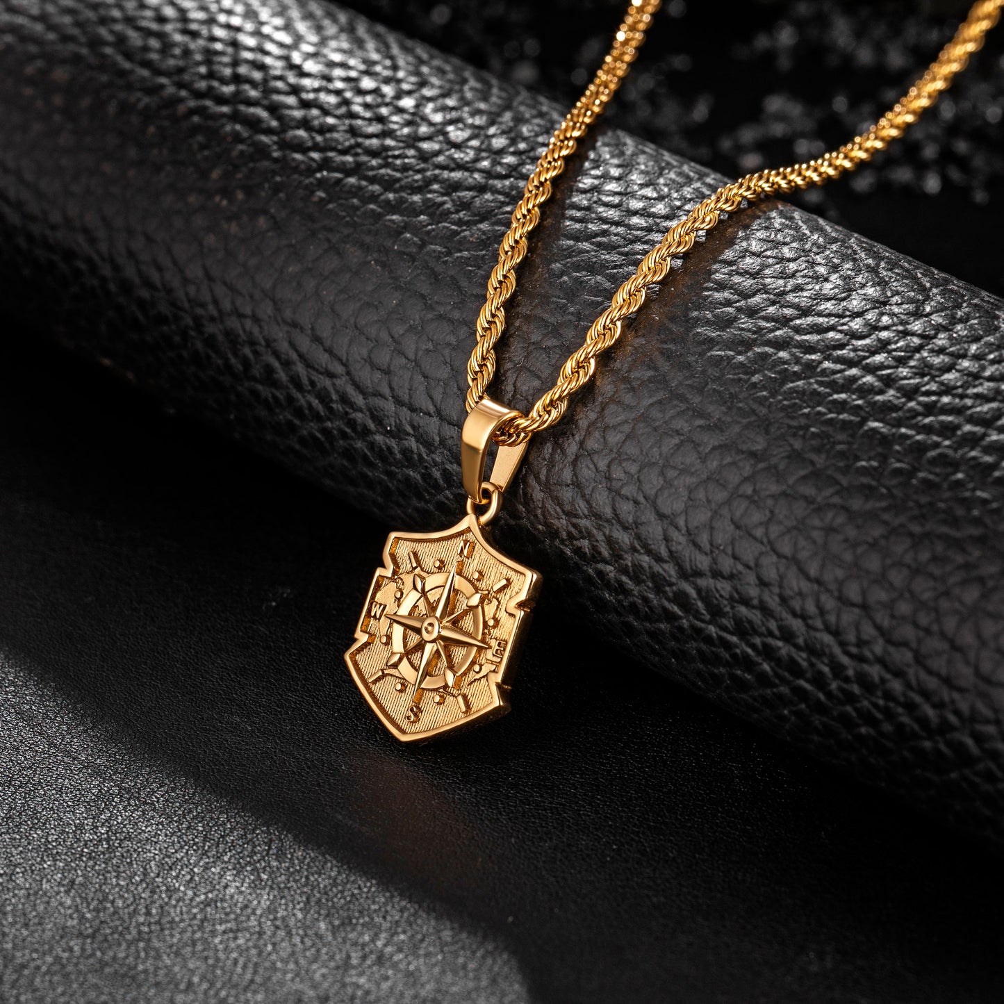 Gold Shield Compass Pendant Necklace Twisted Rope Chain N00398