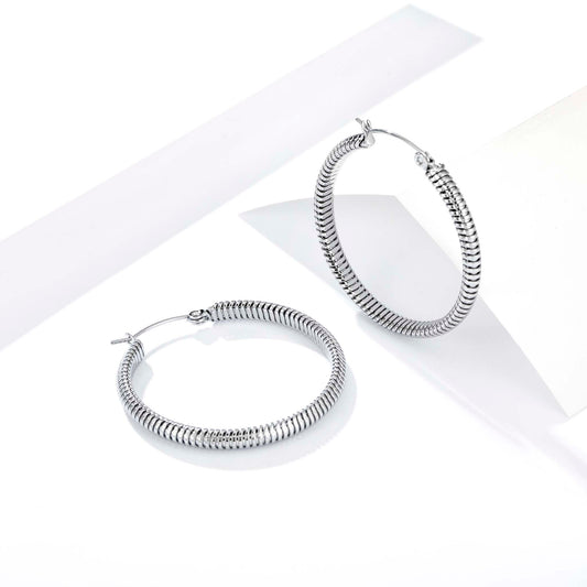 Stainless Steel Hoop Earrings for Women, Spiral Textured Silver Earrings, Ribbed Geometric Round Jewelry Accessories for Daily Wear