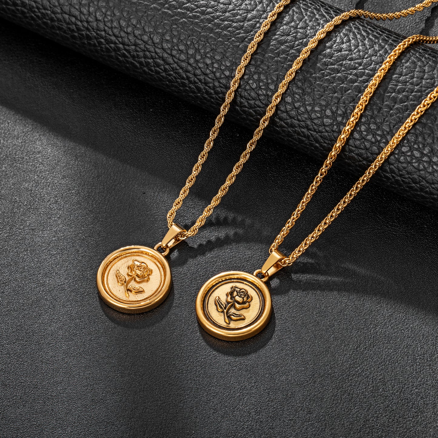 Antique Gold Rose Pendant Necklace Twisted Rope Chain N00876
