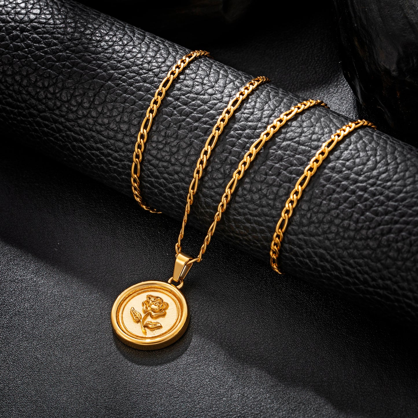 Gold Rose Pendant Necklace Figaro Chain N00861