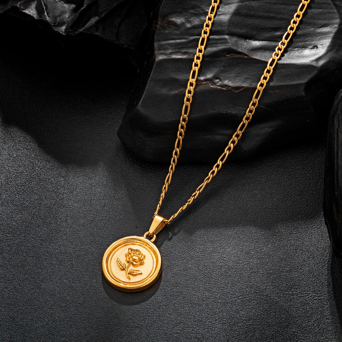 Gold Rose Pendant Necklace Figaro Chain N00861