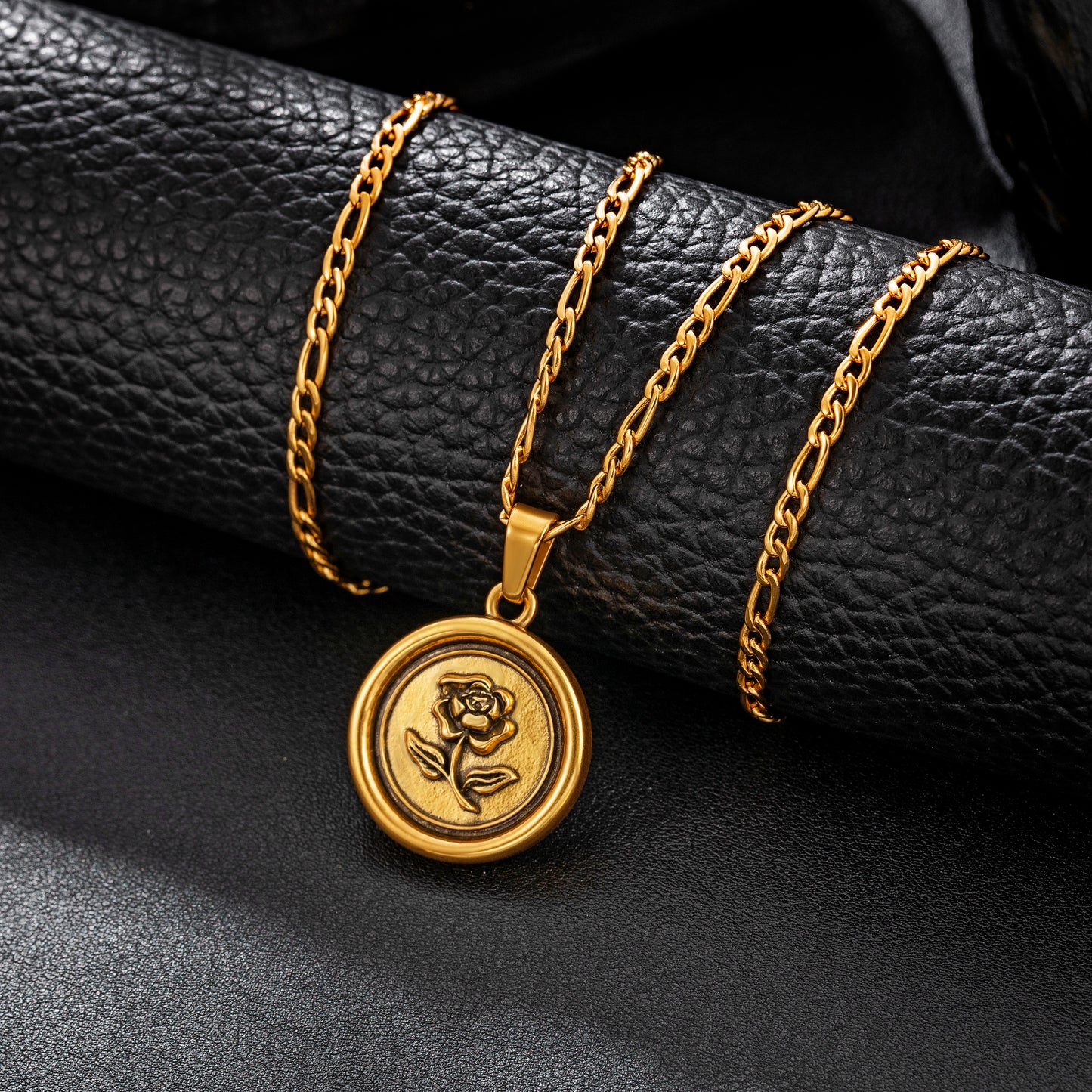 Antique Gold Rose Pendant Necklace Figaro Chain N00878