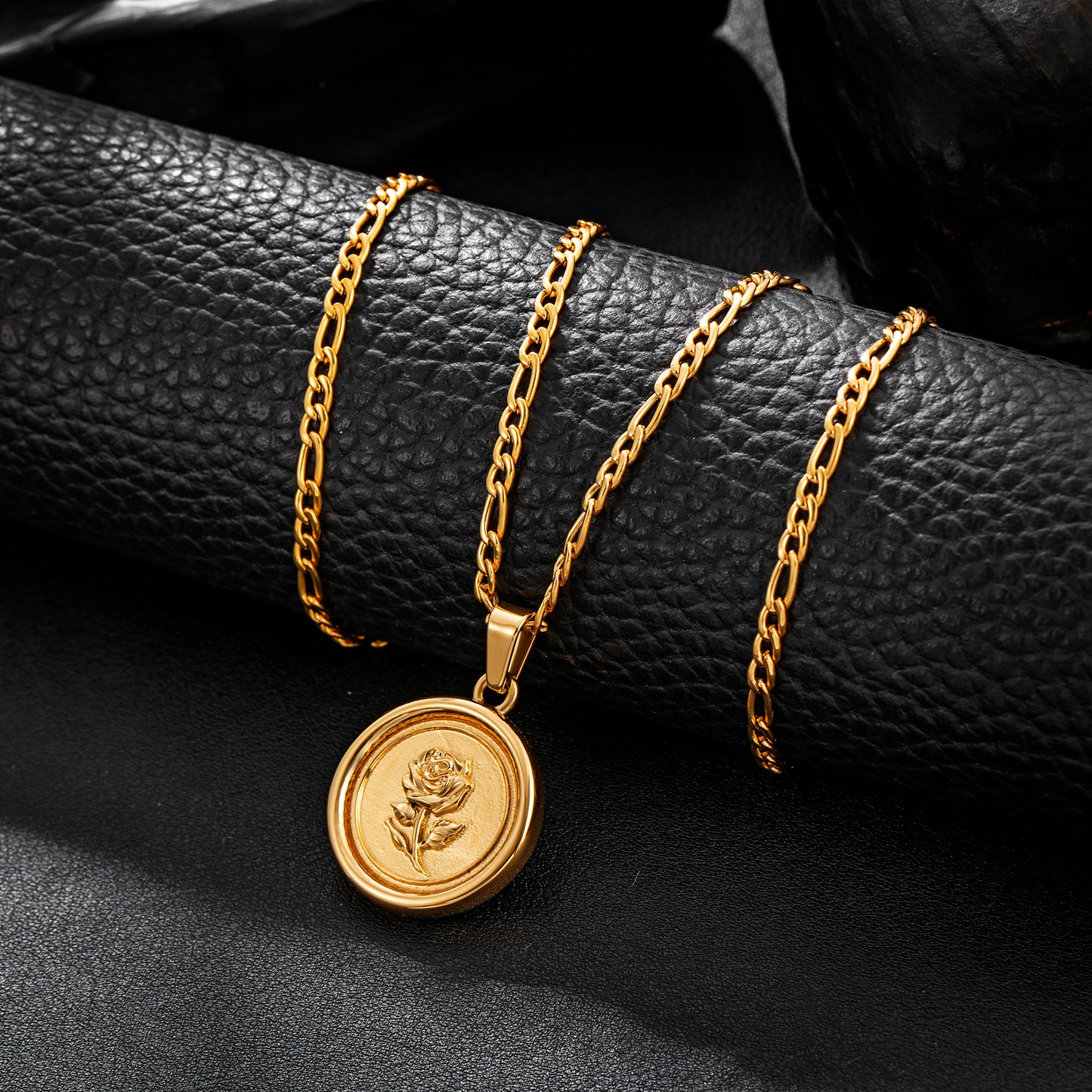 Gold Rose Pendant Necklace Figaro Chain N01545