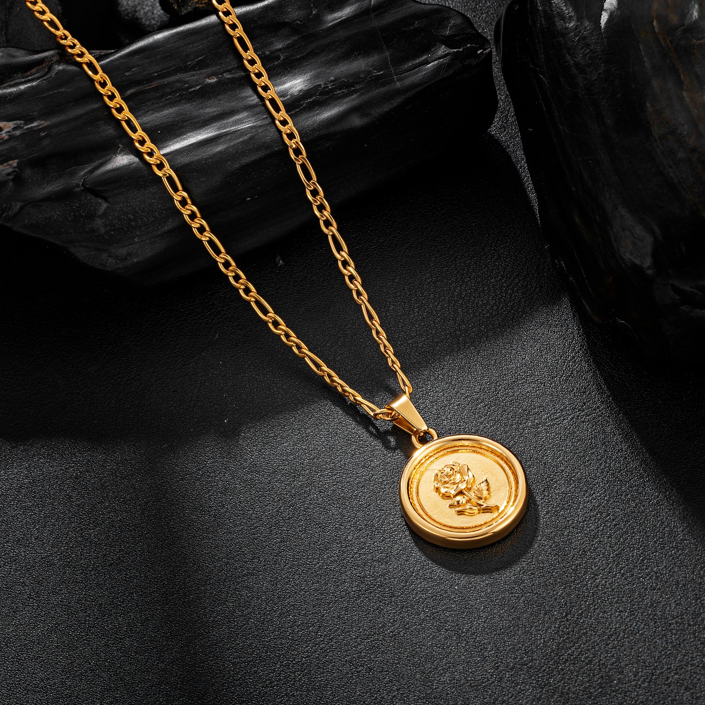 Gold Rose Pendant Necklace Figaro Chain N01545