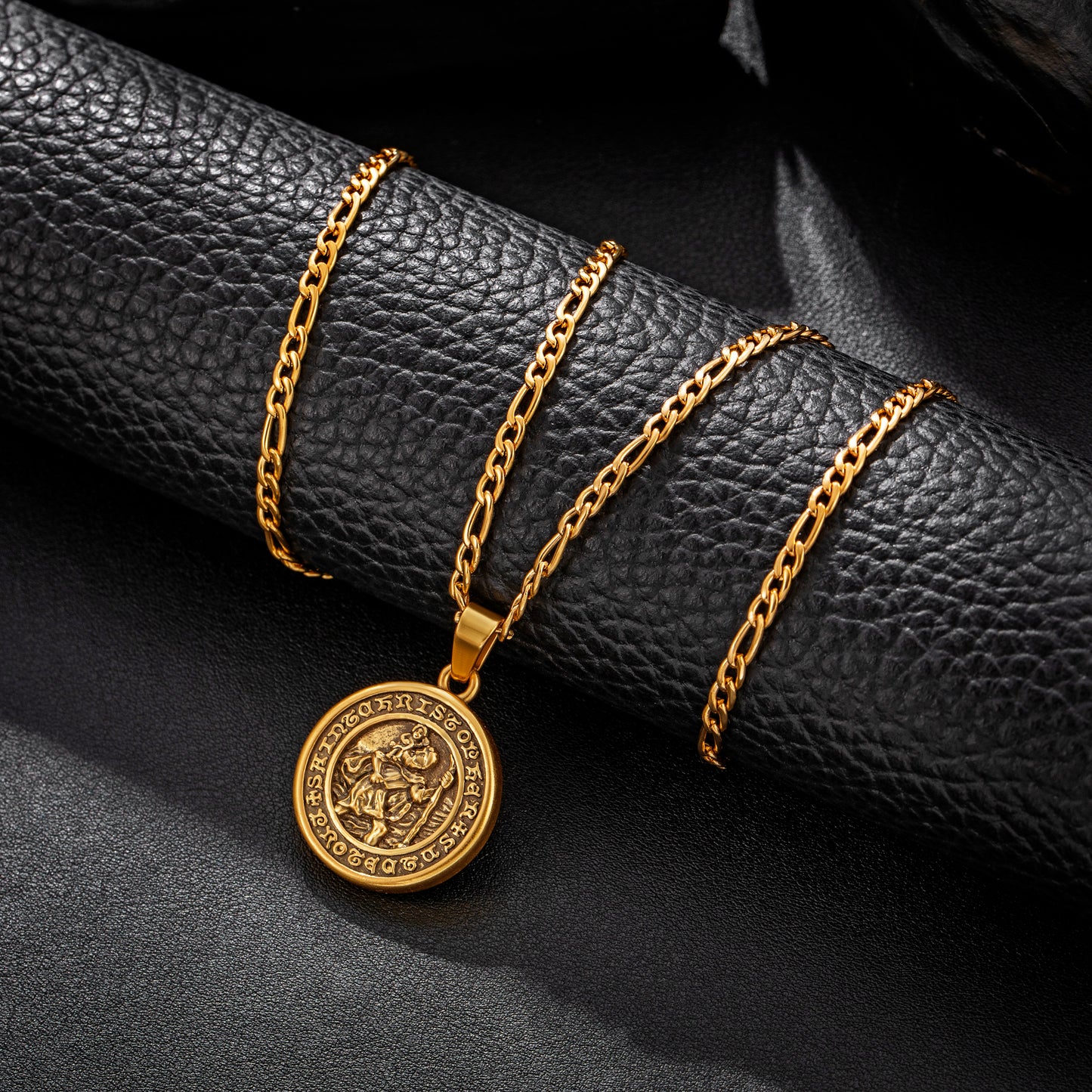 Antique Gold Pendant Necklace Figaro Chain N01014