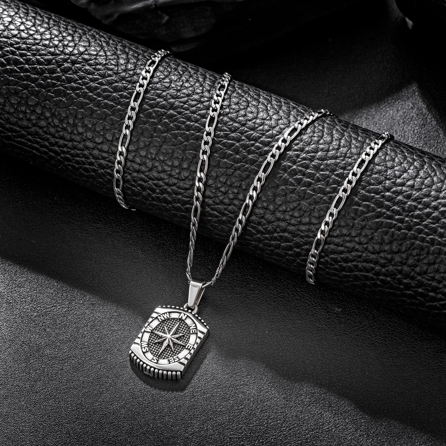 Antique Silver Rectangle Compass Pendant Necklace Figaro Chain N01304