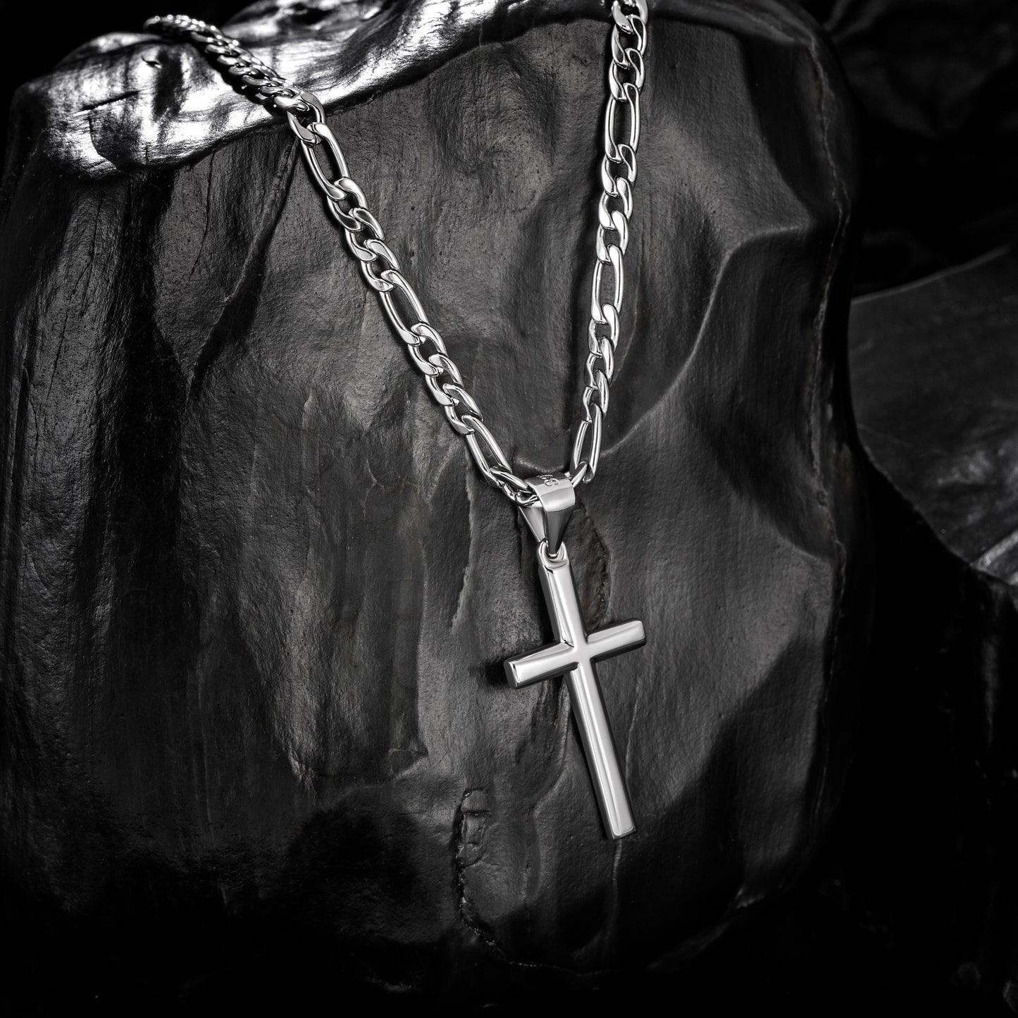 925 Sterling Silver Cross Necklace Figaro Chain N01824