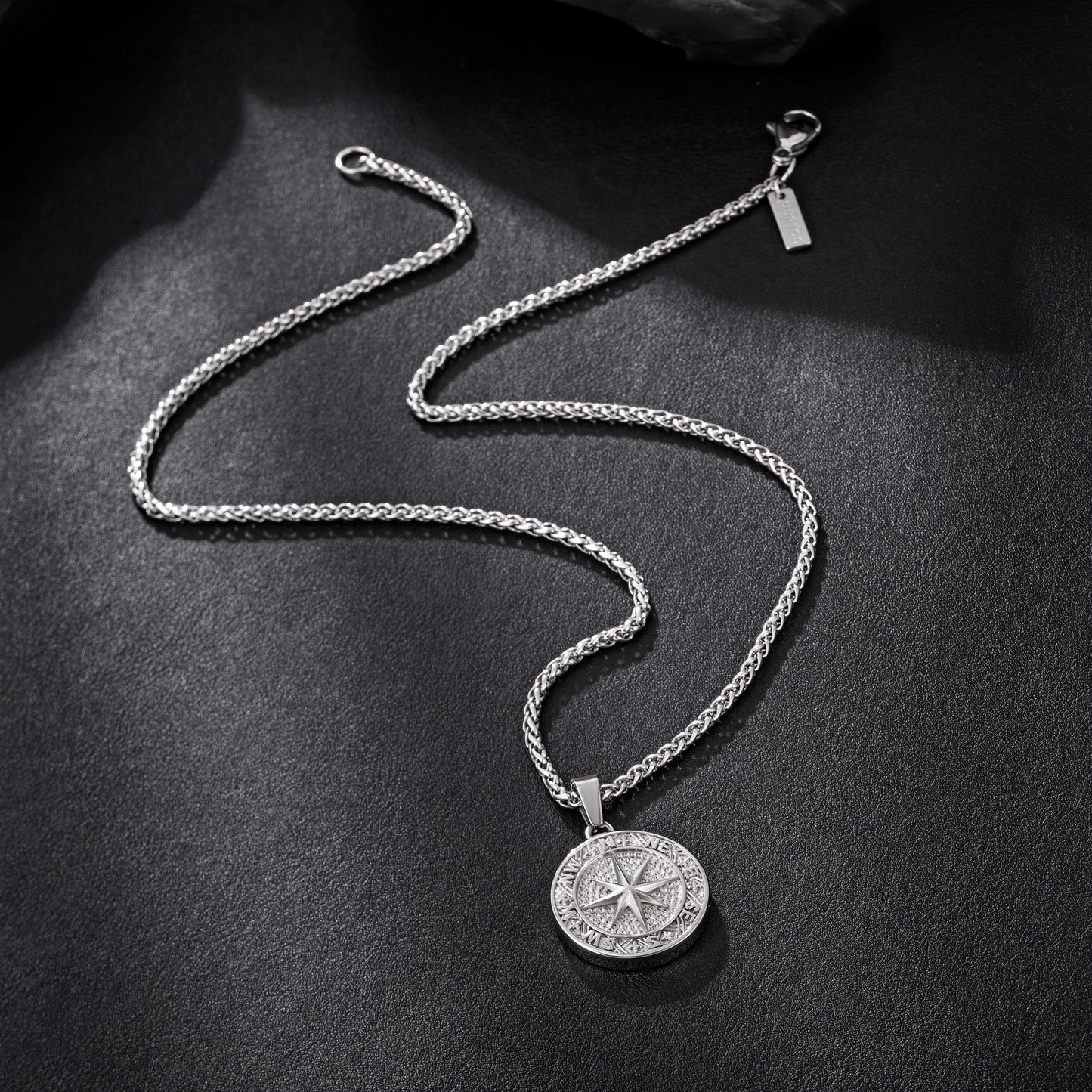 Silver Compass Pendant Necklace Wheat Chain N02134