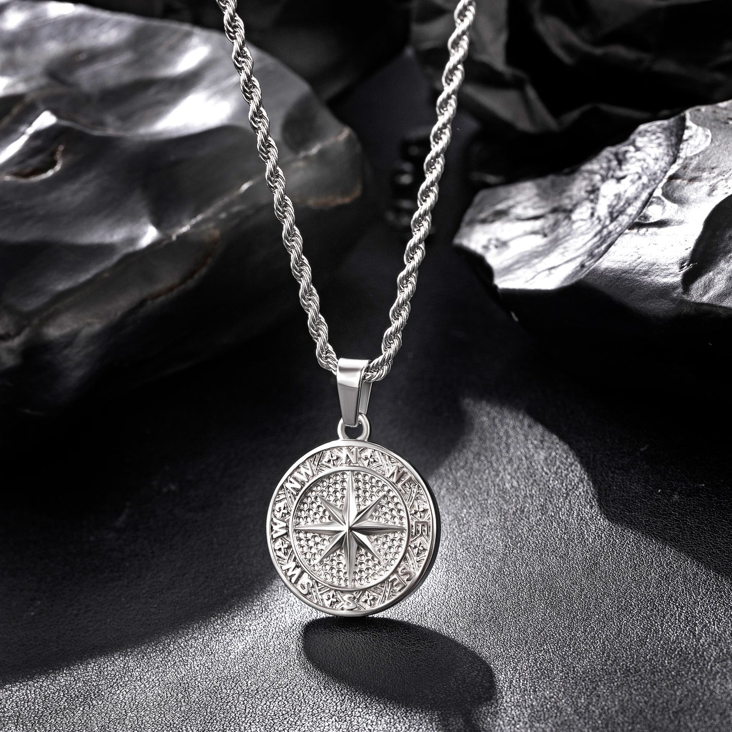 Silver Compass Pendant Necklace Twisted Rope Chain N02133