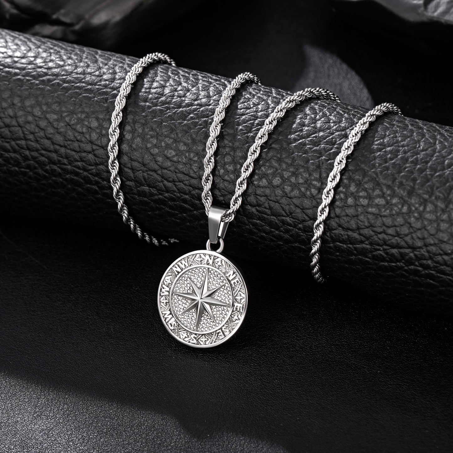 Silver Compass Pendant Necklace Twisted Rope Chain N02133