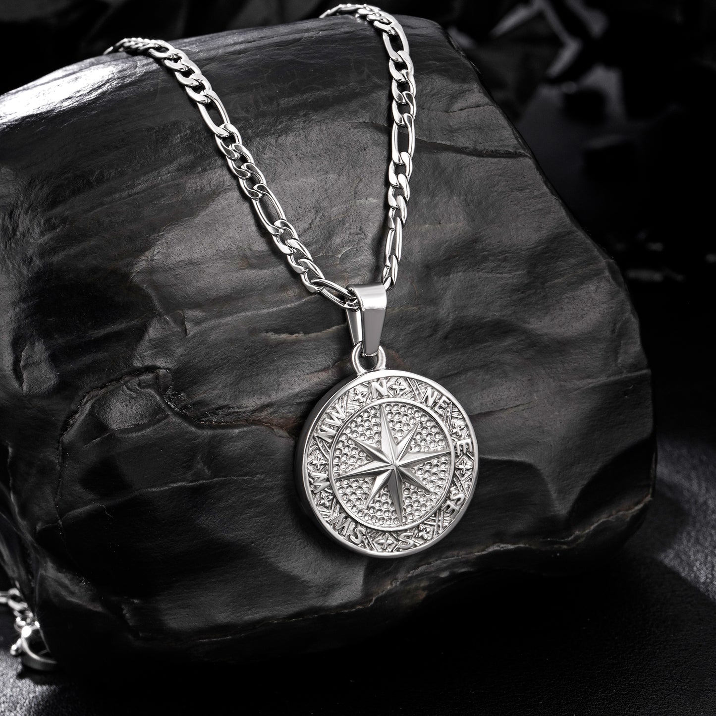 Silver Compass Pendant Necklace Figaro Chain N02135