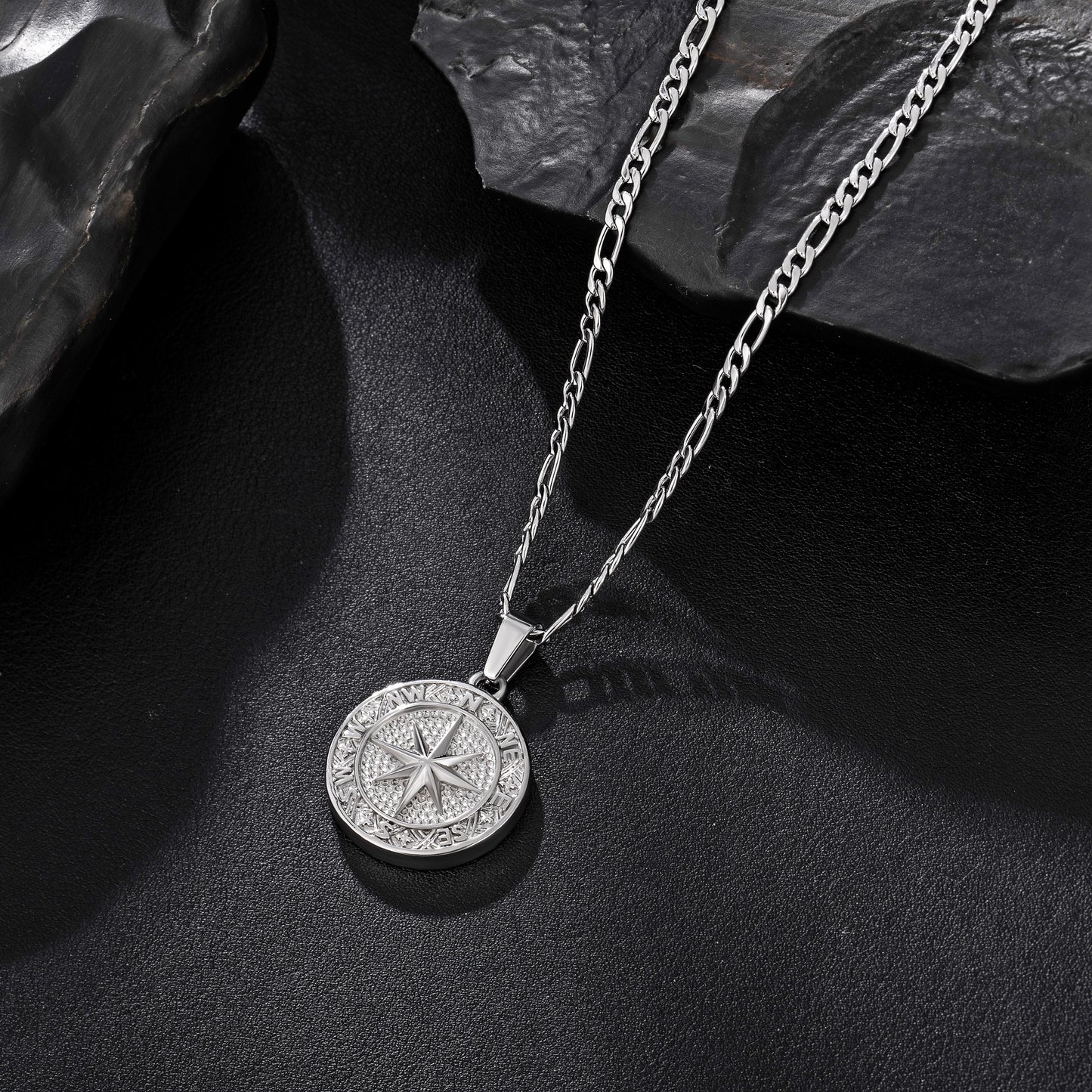 Silver Compass Pendant Necklace Figaro Chain N02135