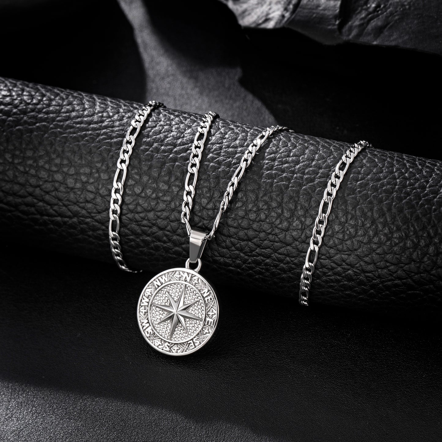 Silver Compass Pendant Necklace Figaro Chain N02135