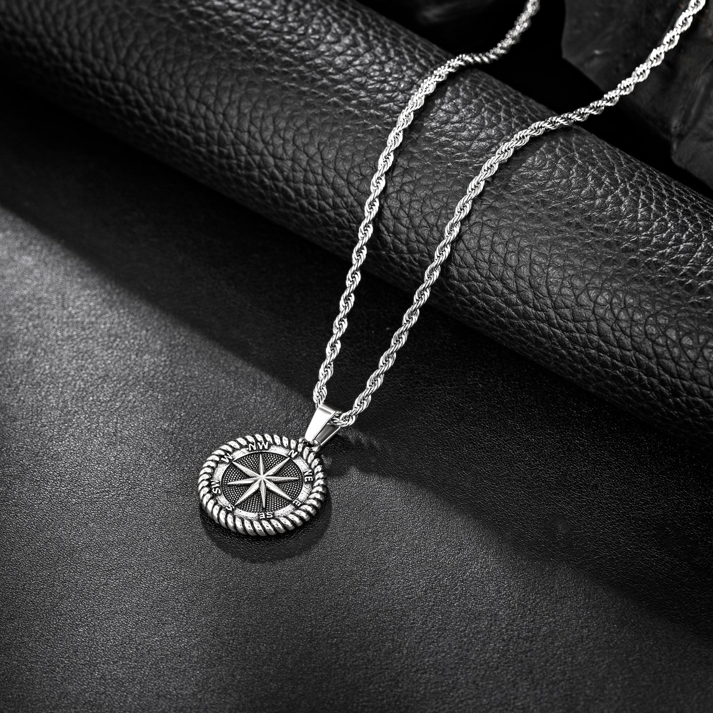 Antique Silver Compass Pendant Necklace Twisted Rope Chain N00593