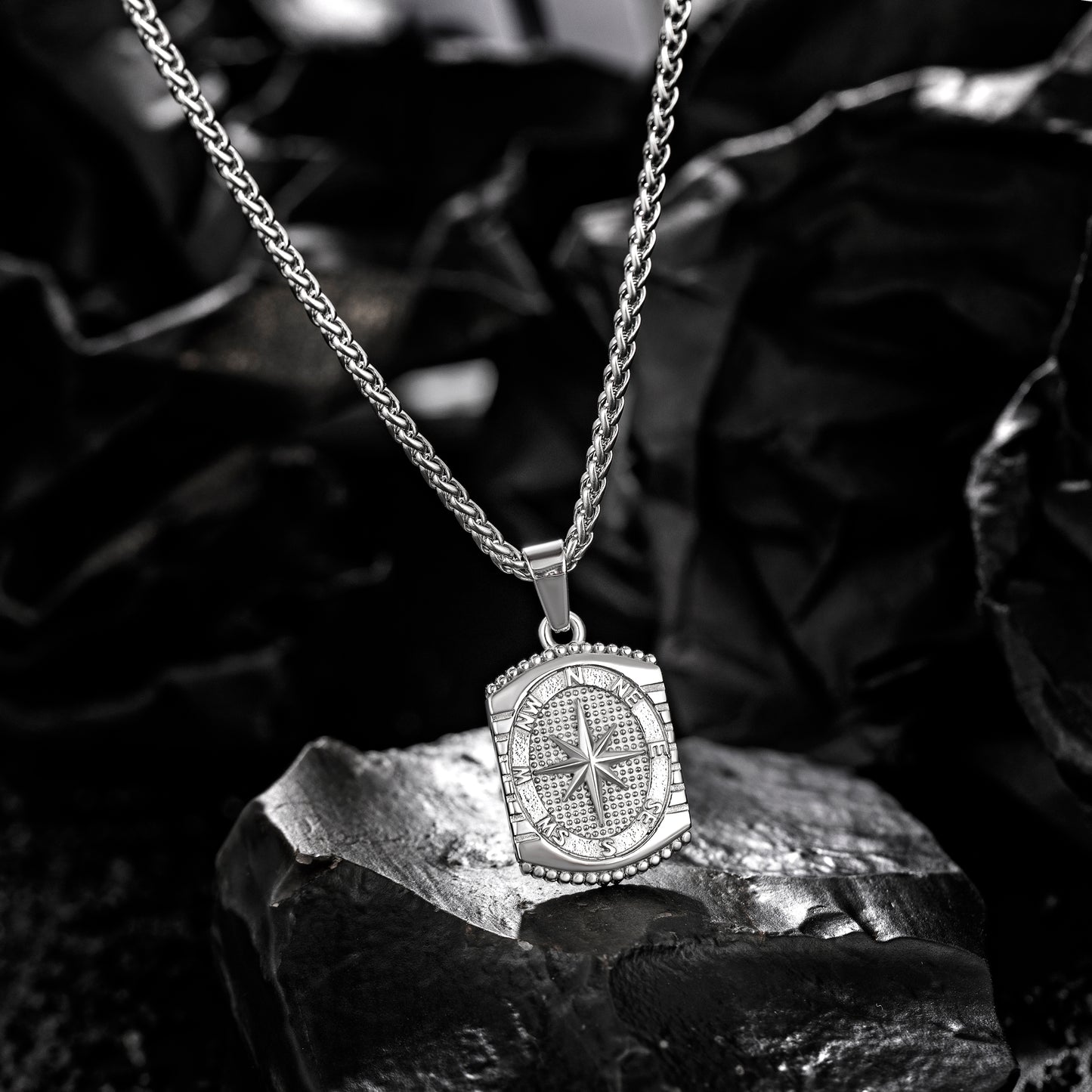 Silver Rectangle Compass Pendant Necklace Wheat Chain N00627