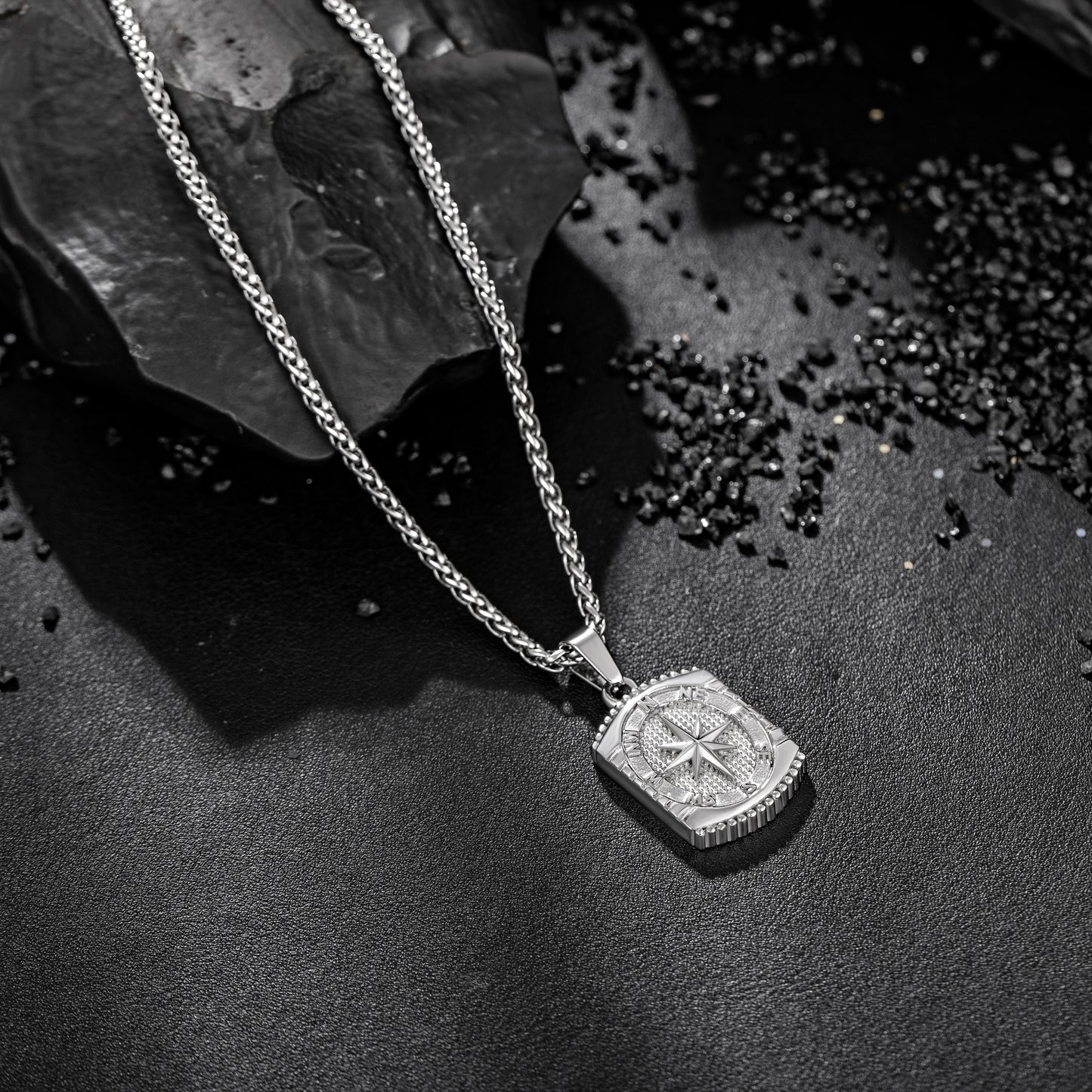 Silver Rectangle Compass Pendant Necklace Wheat Chain N00627