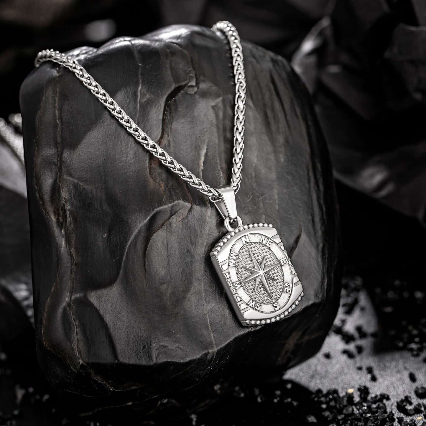 Silver Rectangle Compass Pendant Necklace Wheat Chain N00627