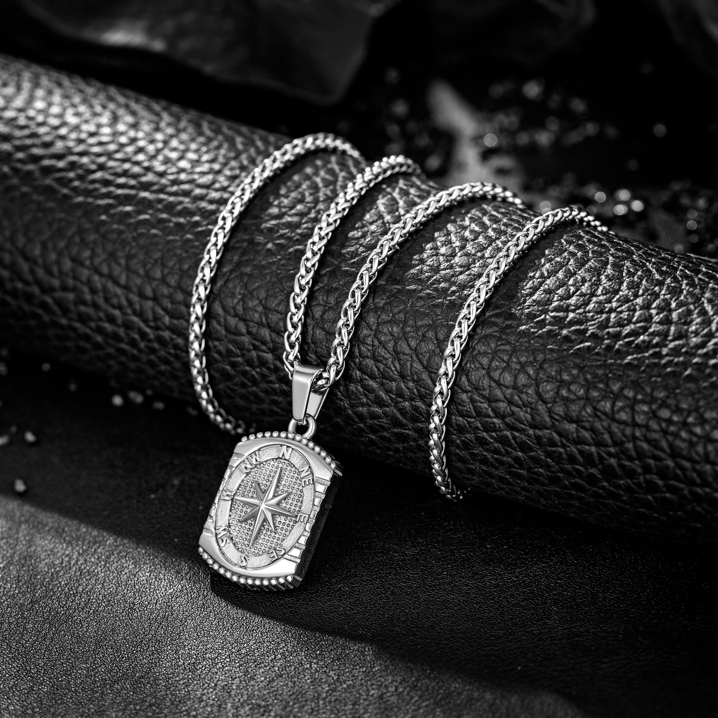 Silver Rectangle Compass Pendant Necklace Wheat Chain N00627