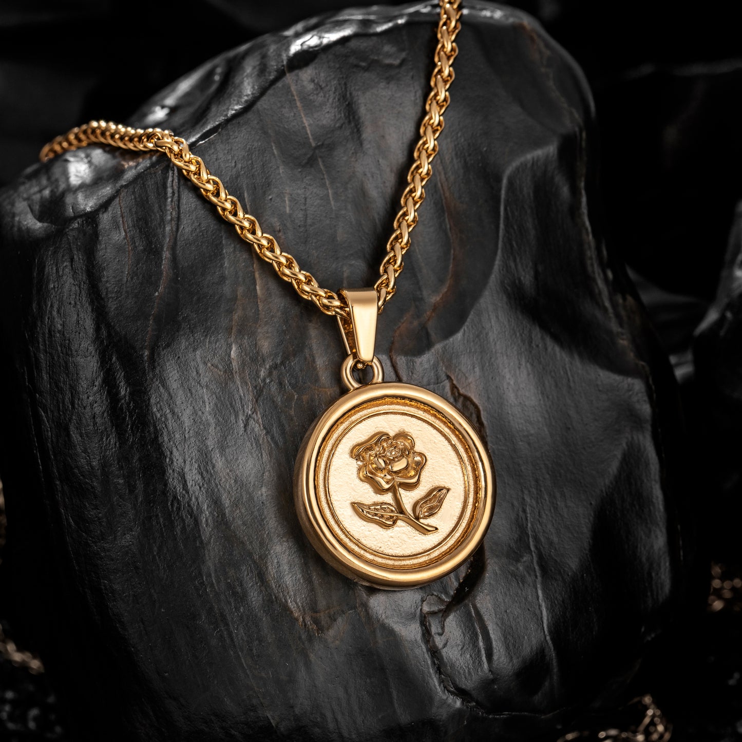 Gold Rose Pendant Necklace Wheat Chain N00860