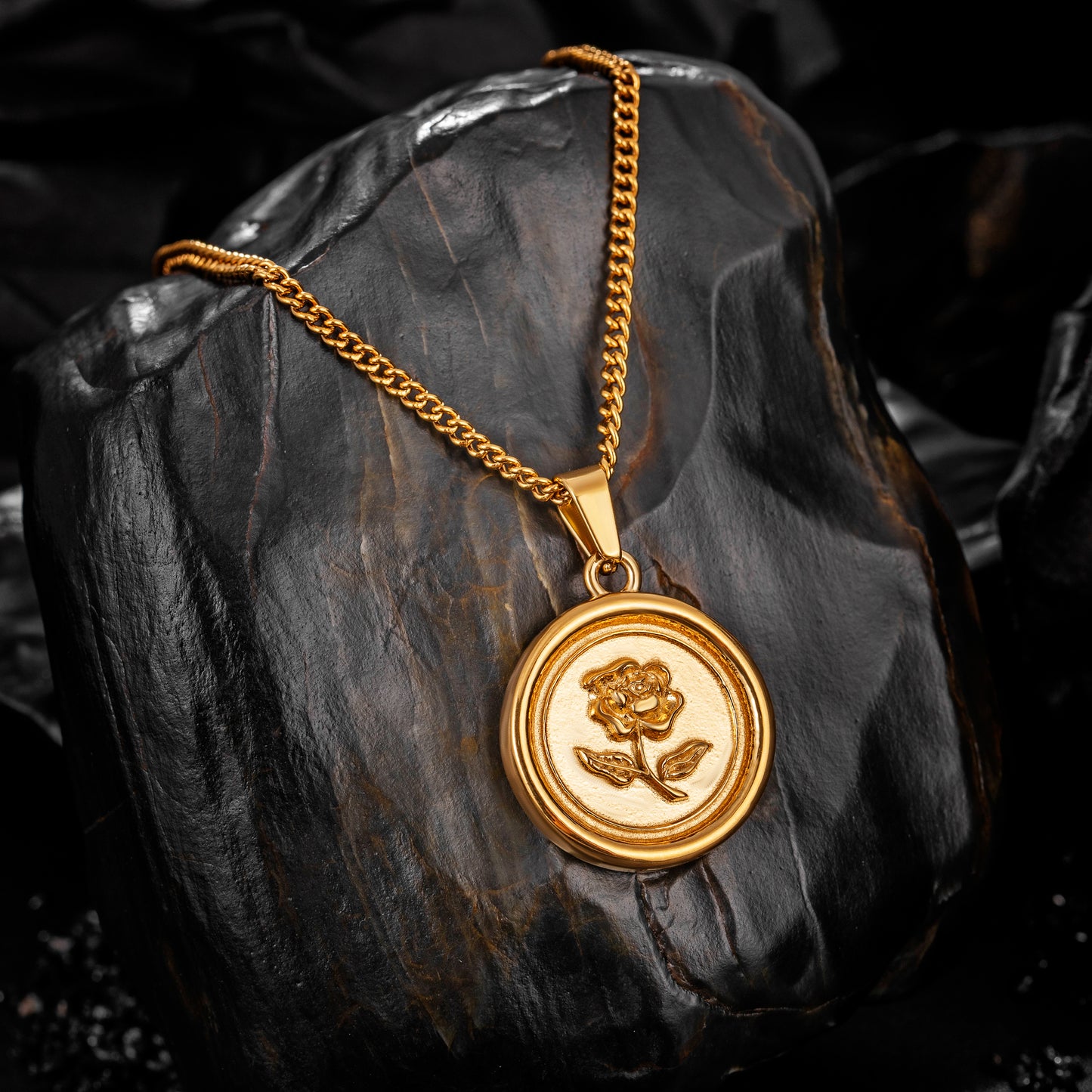 Gold Rose Pendant Necklace Curb Chain N00854