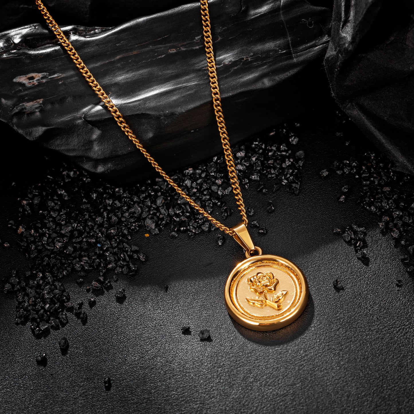 Gold Rose Pendant Necklace Curb Chain N00854
