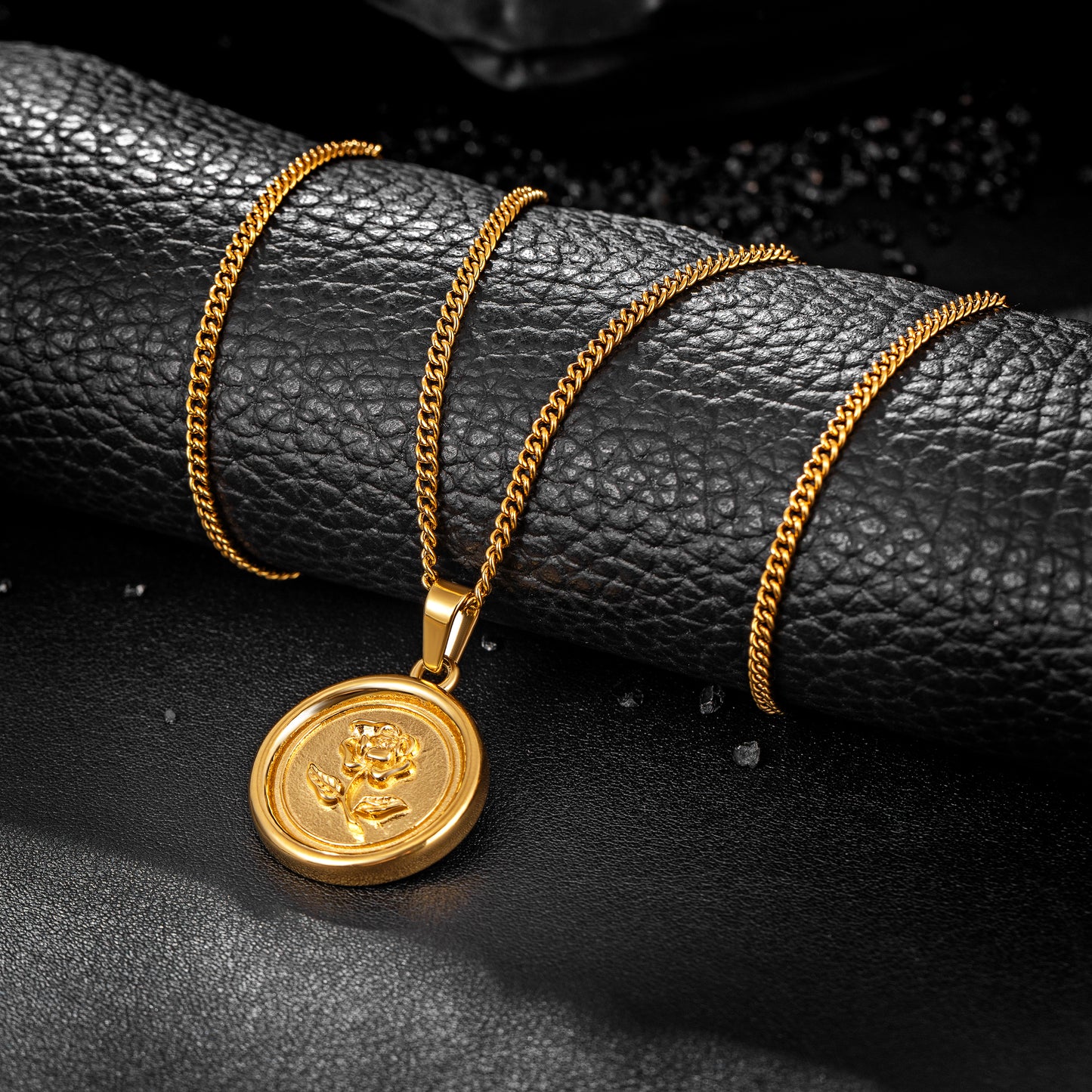 Gold Rose Pendant Necklace Curb Chain N00854