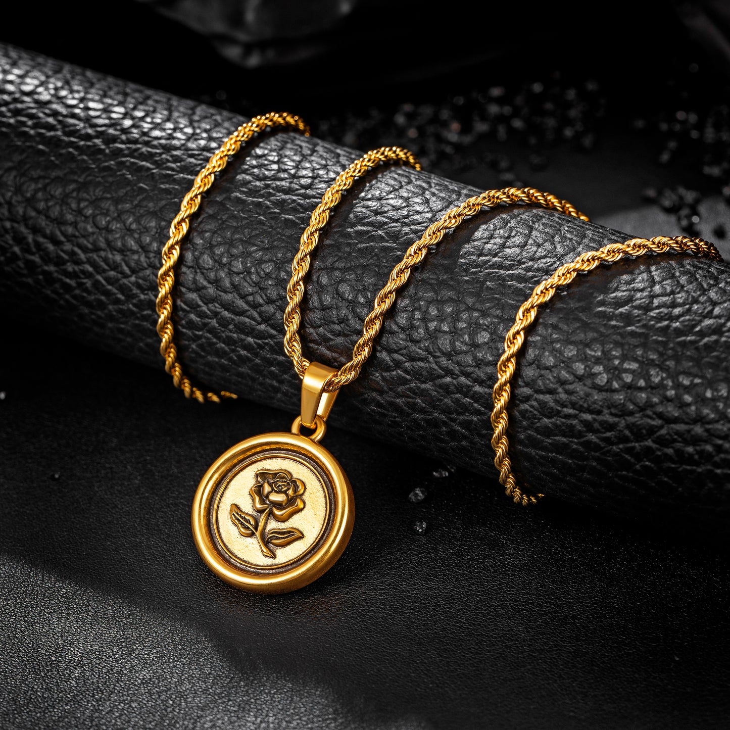 Antique Gold Rose Pendant Necklace Twisted Rope Chain N00876