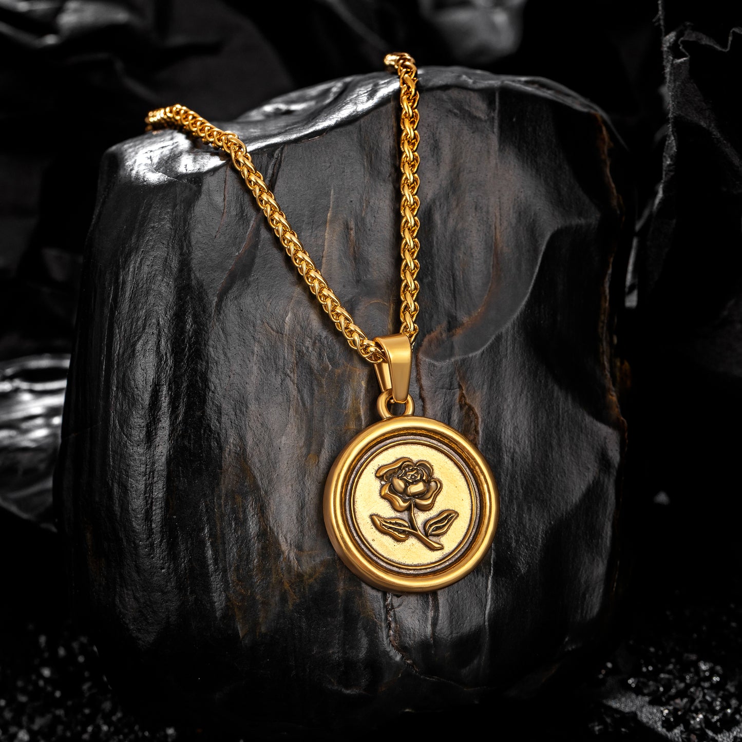 Antique Gold Rose Pendant Necklace Wheat Chain N00877