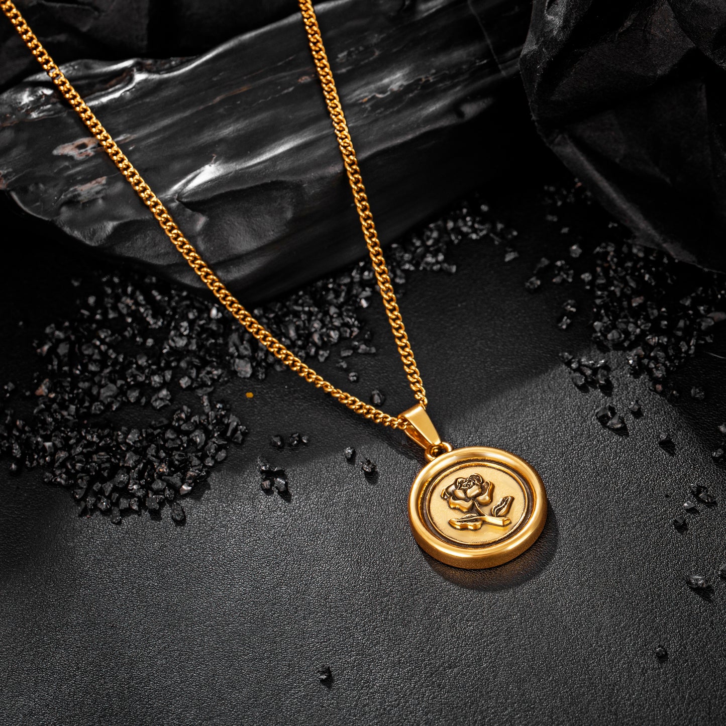 Antique Gold Rose Pendant Necklace Curb Chain N00871