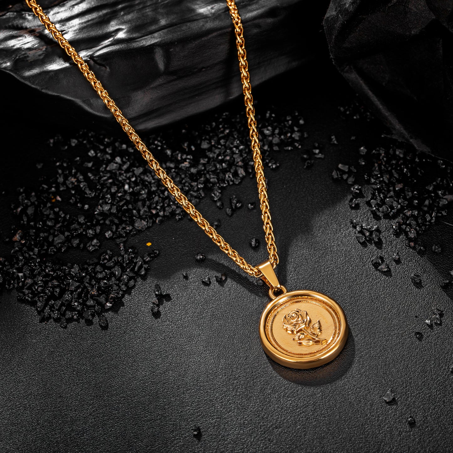 Gold Rose Pendant Necklace Wheat Chain N01544