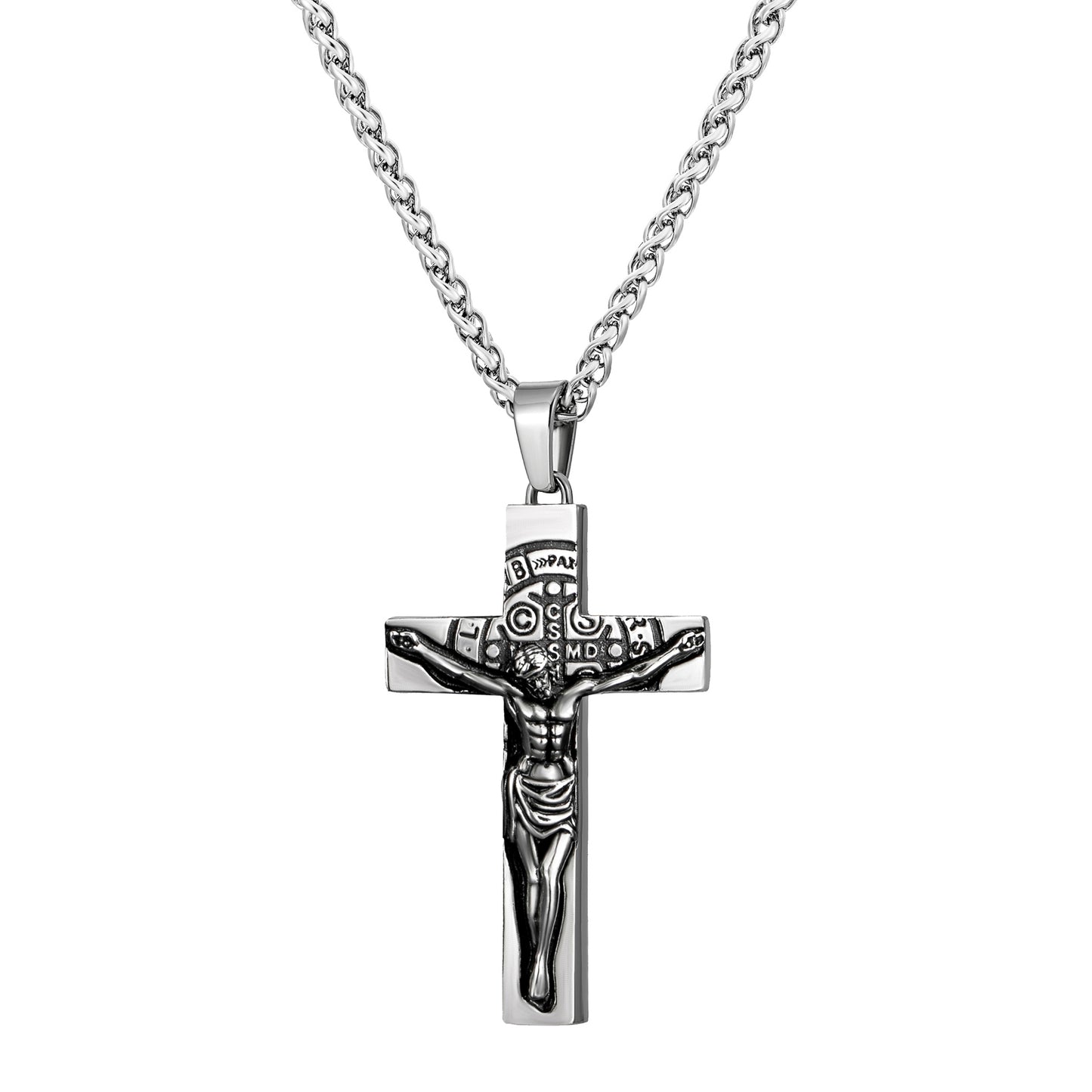 Cross Necklace for Men Women, Stainless Steel Crucifix Cross with Curb Chain Wheat Chain, Religious Faith Jewelry, Gift for Family