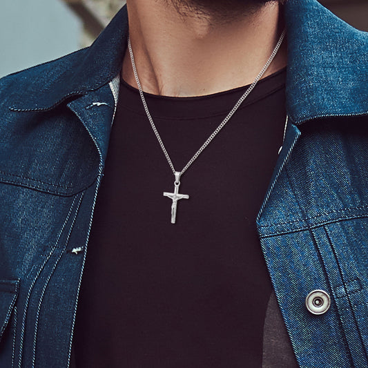 Arĝenta Jesuo-Kruco-Kolĉeno Borderĉeno N00411