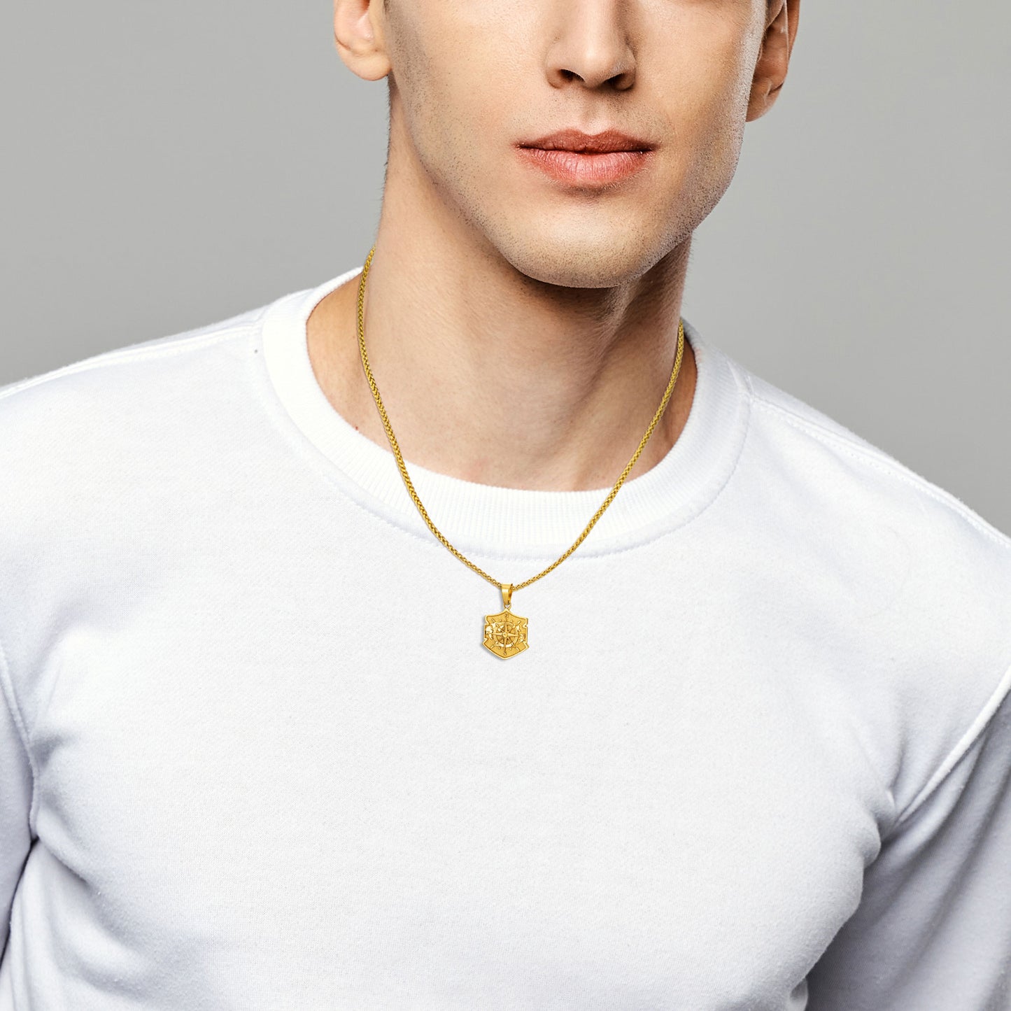 Gold Shield Compass Pendant Necklace Wheat Chain N00399