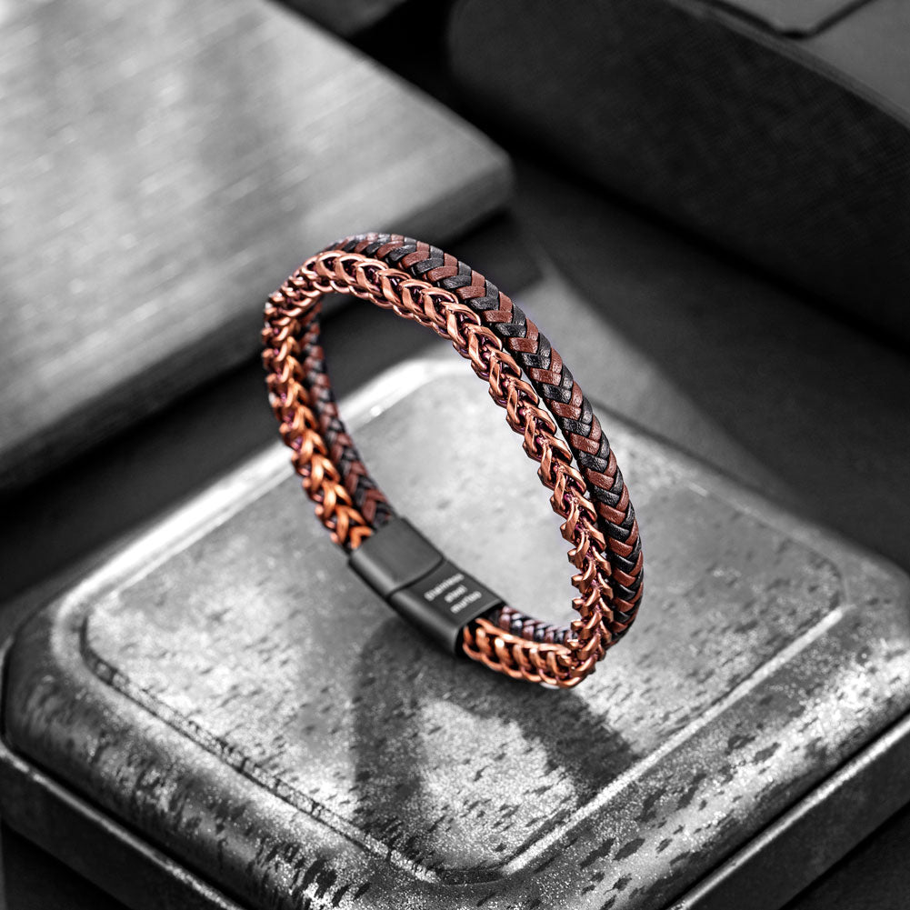 Rose Gold Plated Steel and Leather Bracelet BHR00333