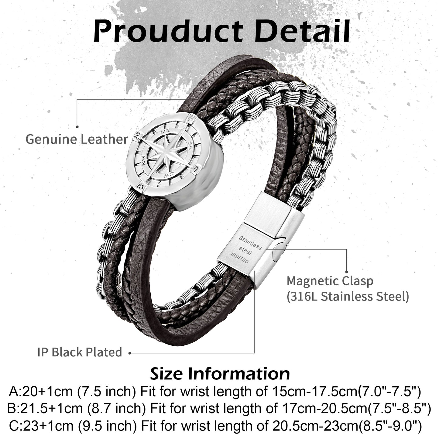 Compass leather bracelet for men B00470