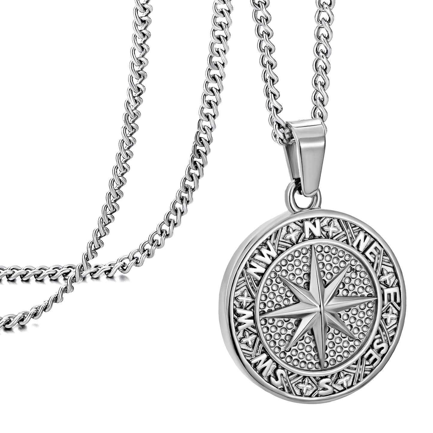 Silver Compass Pendant Necklace Curb Chain N02128