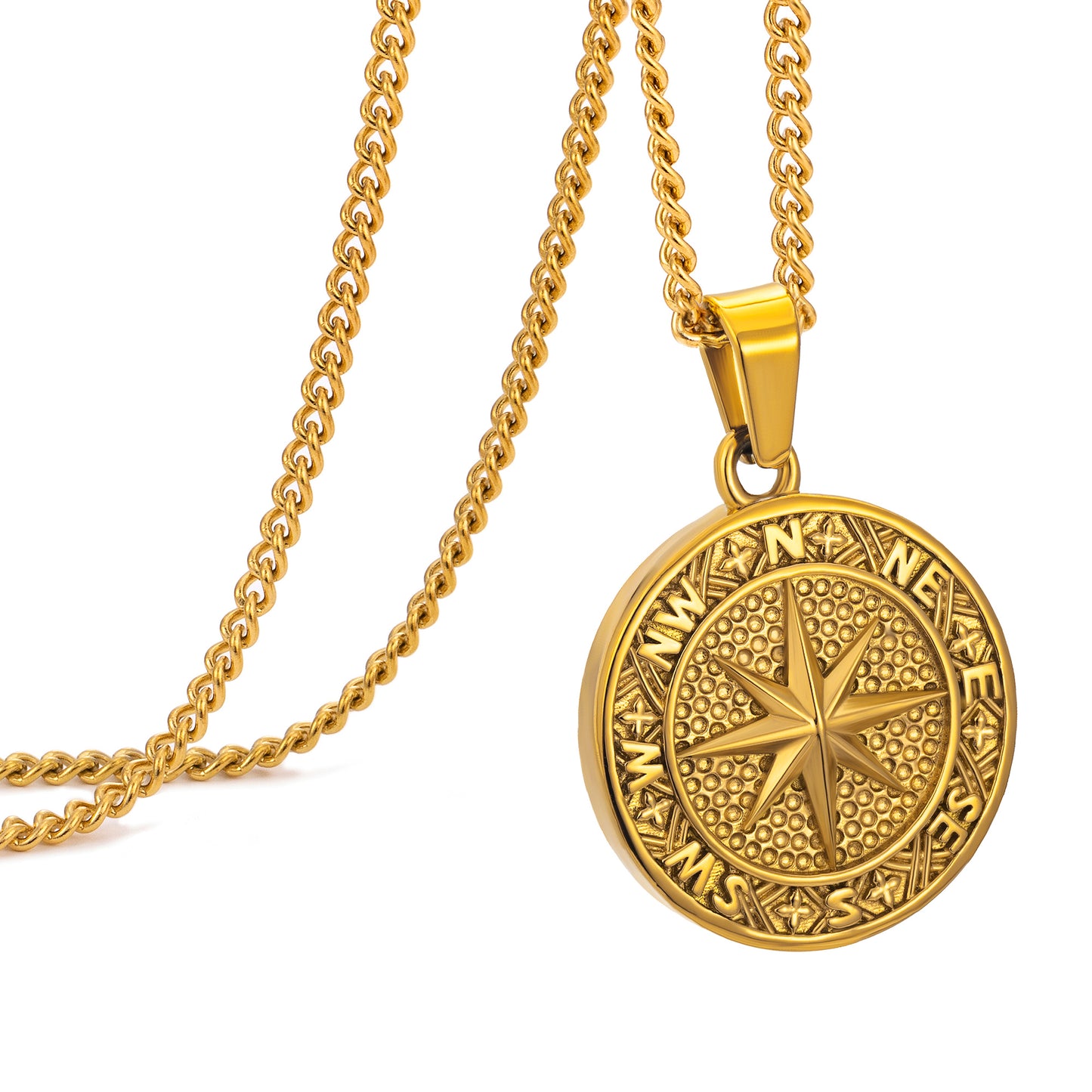 Gold Compass Pendant Necklace Curb Chain N02162
